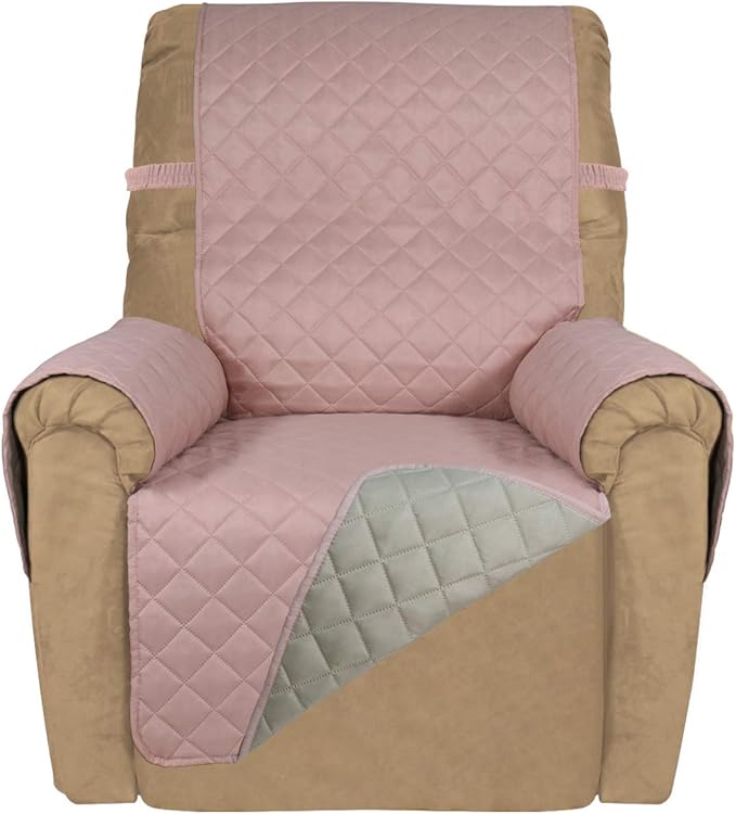 PureFit Reversible Quilted Sofa Cover, Water Resistant Slipcover Furniture Protector, Washable Couch Cover with Non Slip and Elastic Straps for Kids, Dogs, Pets (Small Recliner, Pink/Beige)