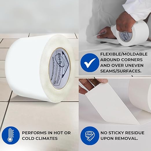 BlueTex Insulationㅤ 3" Wide x 180' Long White Vapor Barrier Seam Tape - 1 Roll, Waterproofing & Great for Crawlspaces, Insulation Repairs, Underlayment Seams, Metal Building Insulation Seams