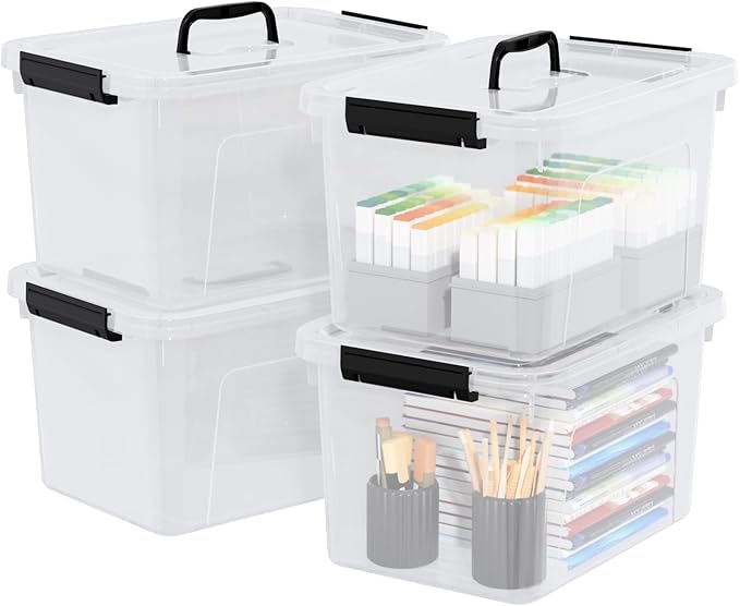 10 Quart Plastic Storage Bins with Lids and Handle, 4 Packs Clear Latching Box