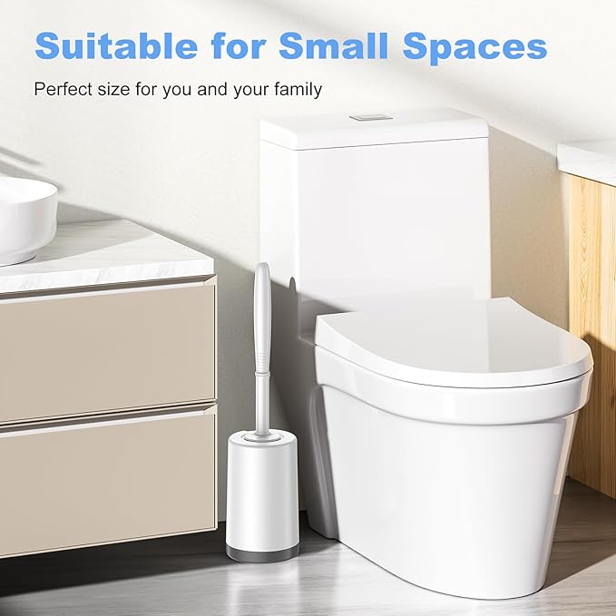 HAMITOR Toilet Bowl Brush Holder Set: Curved Design with Holder for Deep Cleaning Under Rim - Compact Hidden Scrubber for Small Space - Modern RV Bathroom Accessories - 3 Pack