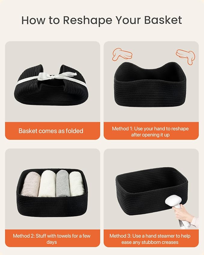 Small Woven Basket, 12 x 8 x 4.5 Inches, Storage Basket for Organizing, Cute Small Rope Shelf Closet Cube Storage Bins Baskets for Shelves, Dog Toy Gift Baskets Empty, 3 Packs, Black