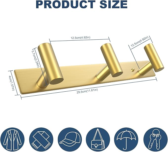 VAEHOLD Hat and Coat Wall Mount Rack - Hooks for Robes, Bags, Keys, and Towels - Bathroom Towel Hanger Organizer (Gold, “T“ Shape 3 Hooks 1 Pack)