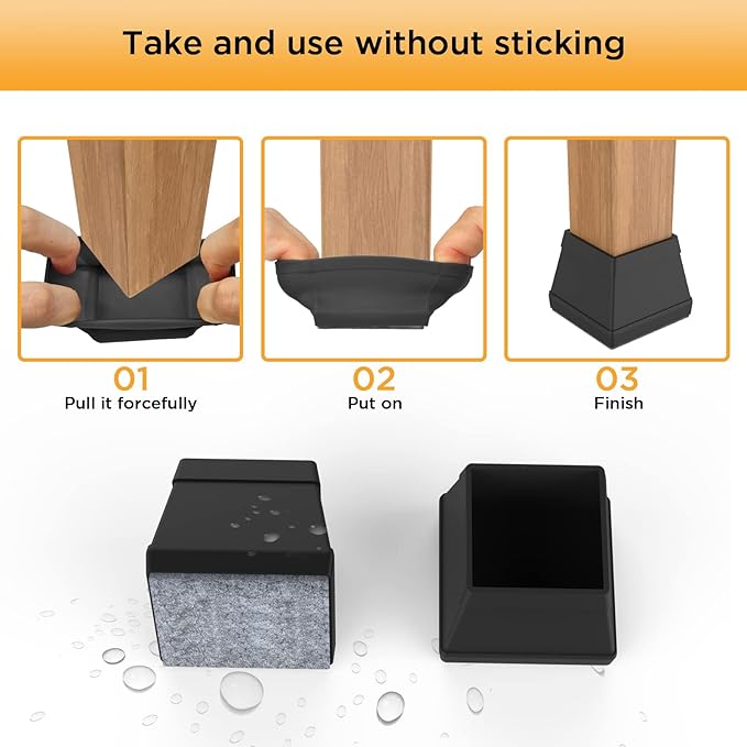 16 PCS Square Chair Leg Floor Protector, Silicone Chair Leg Cover, Furniture Leg Protectors with Felt, Mobile Table Leg pad, Protect The Floor from Scratches.1 in Black.