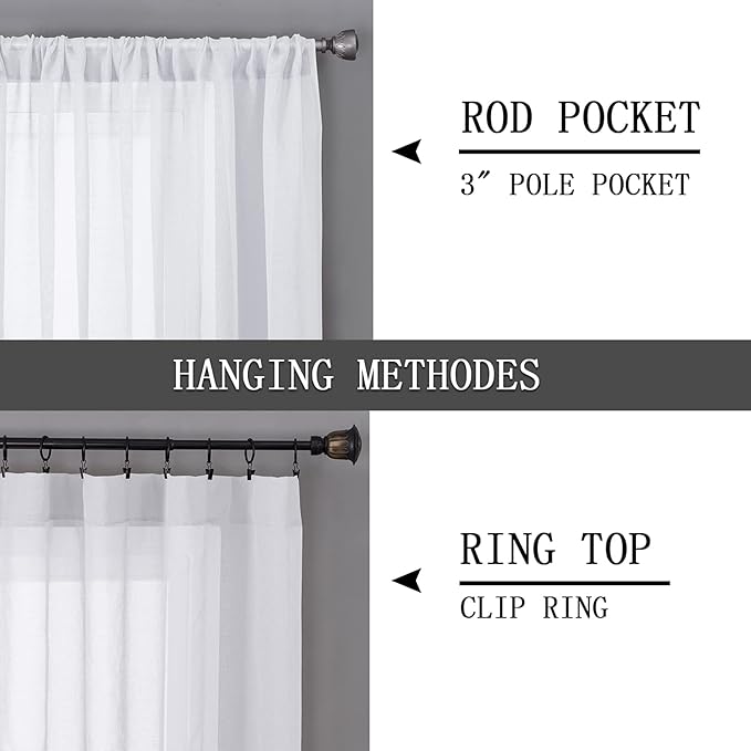 Tollpiz Short Sheer Curtains Linen Textured Living Room Curtain Sheers Light Filtering Rod Pocket Voile Curtains for Bedroom, 42 x 45 inches Long, White, Set of 2 Panels