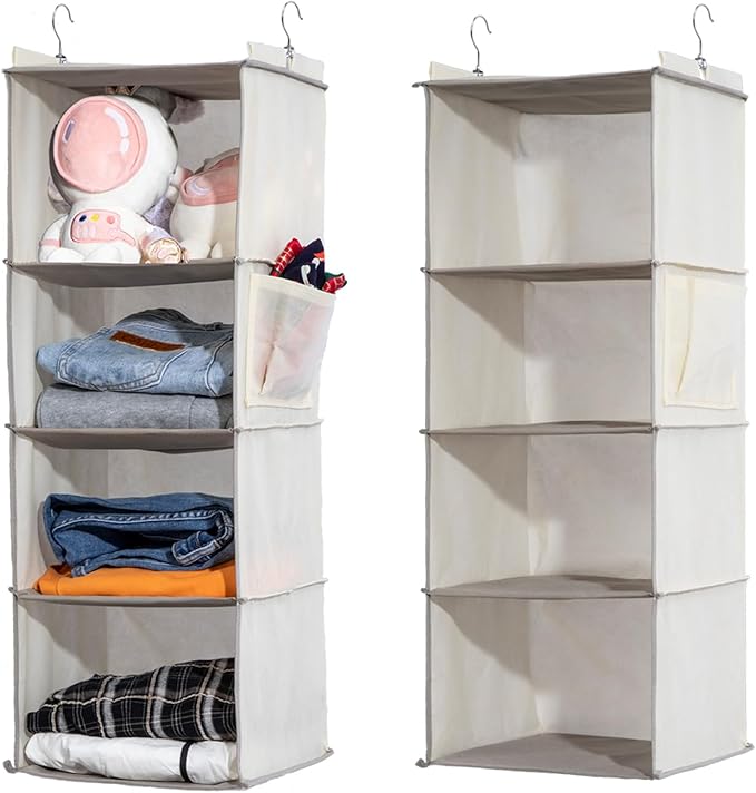 2 Packs Hanging Closet Organizer, 4-Shelf Closet Organizers and Storage with Side Pockets, Collapsible Hanging Shelves for Closet & RV & College Dorm,Beige