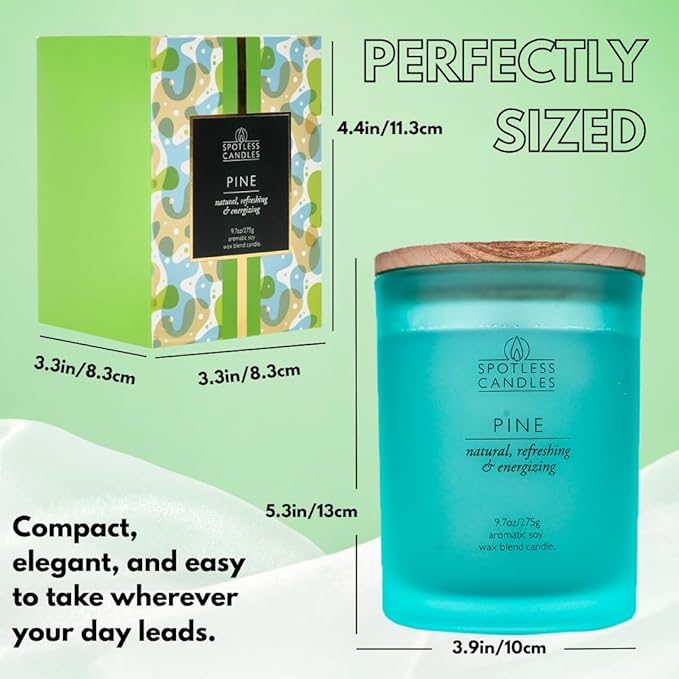 Pine Candle - 9.7 oz /275g 45-55 Hours Burn Time in Green Frosted Glass Jar with Wooden Lid and Wooden Crackling Wick in Luxurious Gift Box - Natural, Refreshing and Energising