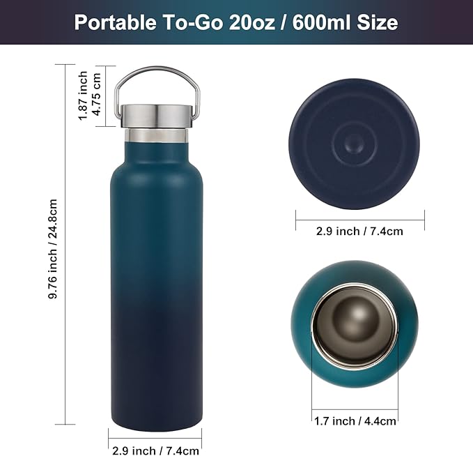 Neihepal Gradient Stainless Steel Water Bottles,20 Ounce Vacuum Insulated Double Wall Travel Bottle with Leak Proof Lid of Handle,Metal Reusable Standard Mouth Flask Thermoses for School,Hikers,Gift