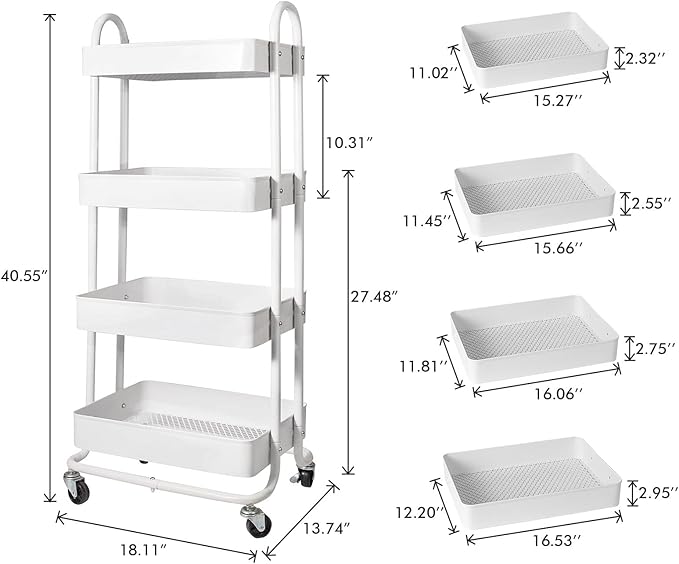 elabo 4-Tier Metal Mesh Utility Rolling Cart, Storage Organizer Trolley Services Cart with Lockable Wheels for Kitchen, Bathroom, Living Room (White)