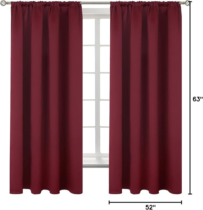 BGment Burgundy Blackout Curtains 63Inches Long for Bedroom - Wine Red Thermal Insulated Window Treatments with Rod Pocket Room Darkening for Christmas Living Room, 52 x 63 Inch, 2 Panels