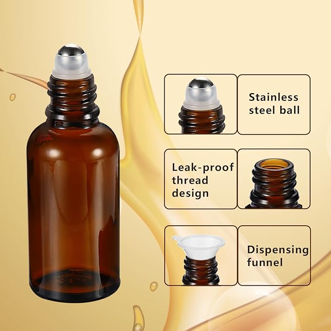 50ML Roller Bottles for Essential Oil, 3 Pack Empty Amber Glass Roller Bottle for Perfume Oil, Roll on Bottles with Stainless Steel Roller Balls, Opener, Funnel and Dropper
