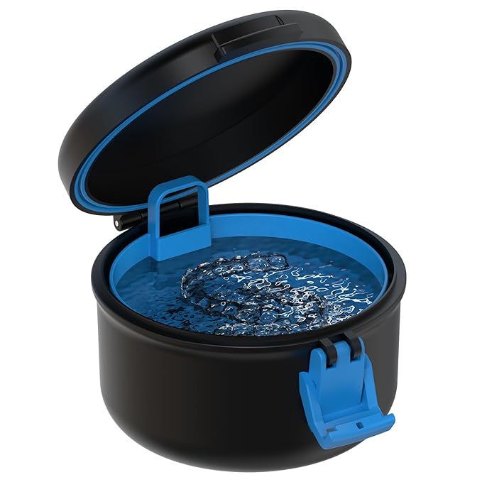 BVN Leak-Proof Denture Bath Cup for Travel, Denture Cup for Soak Dentures, Retainer Cleaning Case with Strainer (Black + Blue)