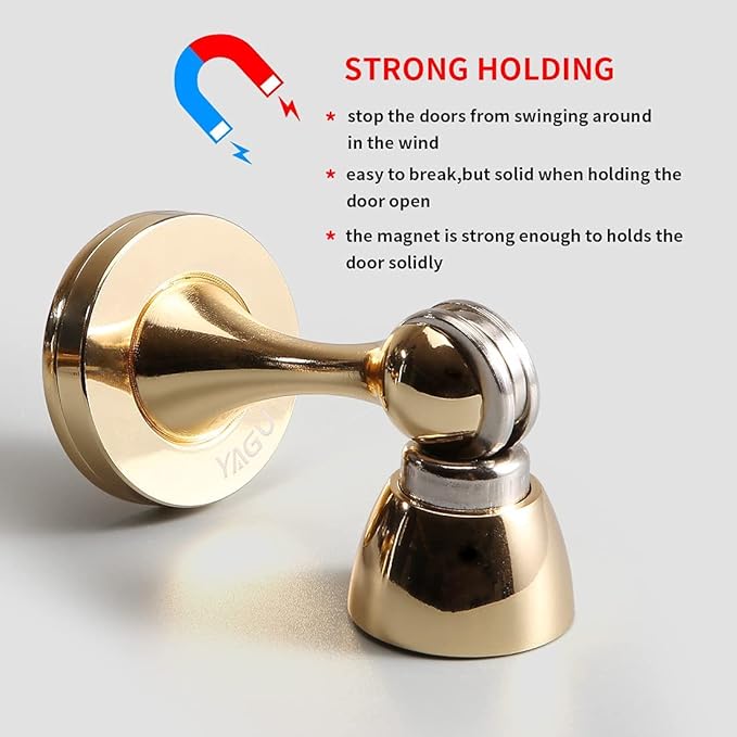 YAGU 1 Pack Magnetic Door Stopper Catch, Zinc Alloy Bright Gold Door Stops Holder Wall Floor Mounted, Magnet Metal Soft-Catch Doorstop
