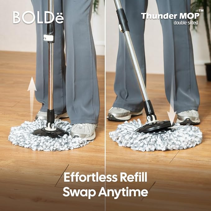Thunder Mop Spin System - 2 Compact Stackable 6L Buckets, Microfiber Head, Stainless Steel Wringer, Antifungal Quick-Dry Cleaning, Soap Dispenser, 3 Free Refills (Black/Pink)