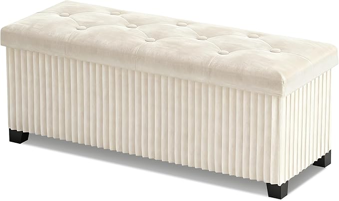 Storage Ottoman Bench, 43 Inch Foldable Ottoman with Legs, Velvet Foot Rest Stool, End of Bed Bench, Storage Chest for Living Room, Bedroom (Beige)