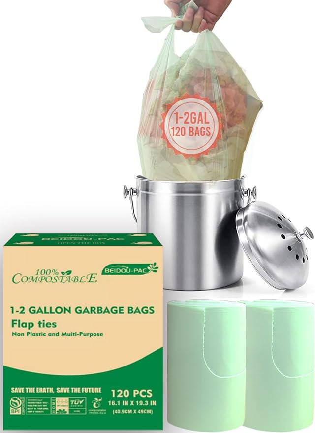 1-2 Gallon Flap Tie Compostable Trash Bags, 120 Count Small Compost Bags, Biodegradable Kitchen Garbage Bags, Food Scrap Waste Bags for Countertop Bin, ASTM D6400, US BPI Certified