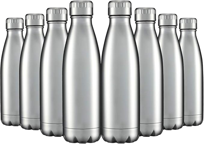 HASLE OUTFITTERS 17oz Stainless Steel Water Bottles Bulk, Vacuum Insulated Water Bottles Double Walled Reusable Metal Sports Water Bottles Keep Drinks Hot and Cold, Stainless, 8Packs