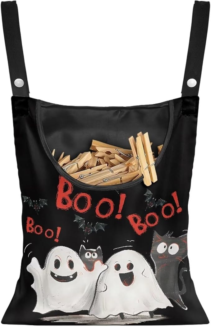Cute Ghost Clothespin Bag Laundry Hanging Storage Organizer with Rope Clothespin Holder with an Extra Large Opening for Clothesline Outdoor Clothespin Storage with Hanger Hook