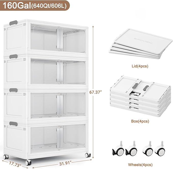 BROVIEW 640QT Stackable Storage Bins with Lids, 160Gal Extra Large Collapsible Storage Box with Wheel, Plastic Storages with Clear Door Open Front for Home Kitchen Garage, White-4pack(4 lids)
