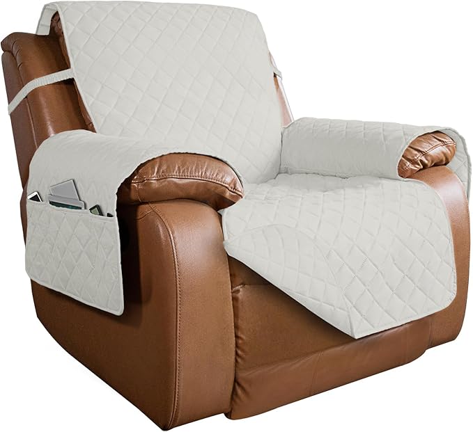 PureFit Reversible Quilted Sofa Cover, Water Resistant Slipcover Furniture Protector, Washable Couch Cover with Non Slip and Elastic Straps for Kids, Dogs, Pets (Oversized Recliner, Ivory/Ivory)