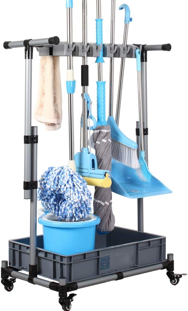 Broom And Mop Holder Put Wet Movable Floor-Mounted Mop Rack Floor Standing Cleaning Tool Cart Storage For Garden Garage Schools, Hospitals, Factories, Hotels,Property Companies