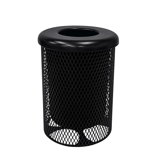 COATEDOUTDOORFURNITURE RFT-BLK Heavy Duty 32 Gallon Round Trash Receptacle, Liner Included, Black with Black Flat Top, Made in America