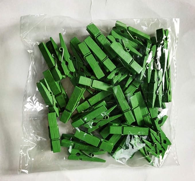 DurReus 50PCS Tiny Wooden Clothespins Photo Paper Peg Mini Wood Clothes Pins Home School Arts Crafts Decor,Hanging Pictures with Jute Twine Green
