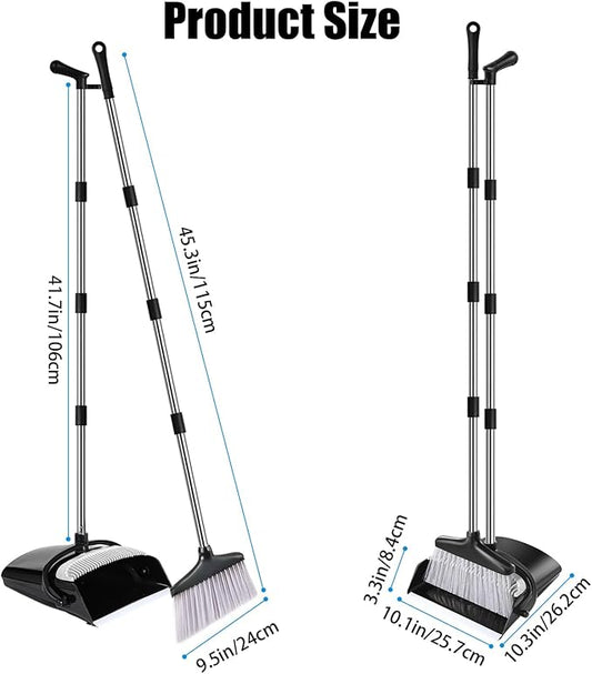 Broom and Dustpan Set with Long Handle and 6 Bonus Cleaning Tools, Upright Standing Combo with Self-Cleaning Teeth & Windproof Dustpan for Pet Hair, Home, Kitchen, Garage, Apartment