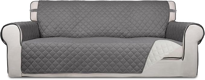 PureFit Reversible Quilted Sofa Cover, Water Resistant Slipcover Furniture Protector, Washable Couch Cover with Non Slip and Elastic Straps for Kids, Dogs, Pets (Oversized Sofa, Gray/Ivory)