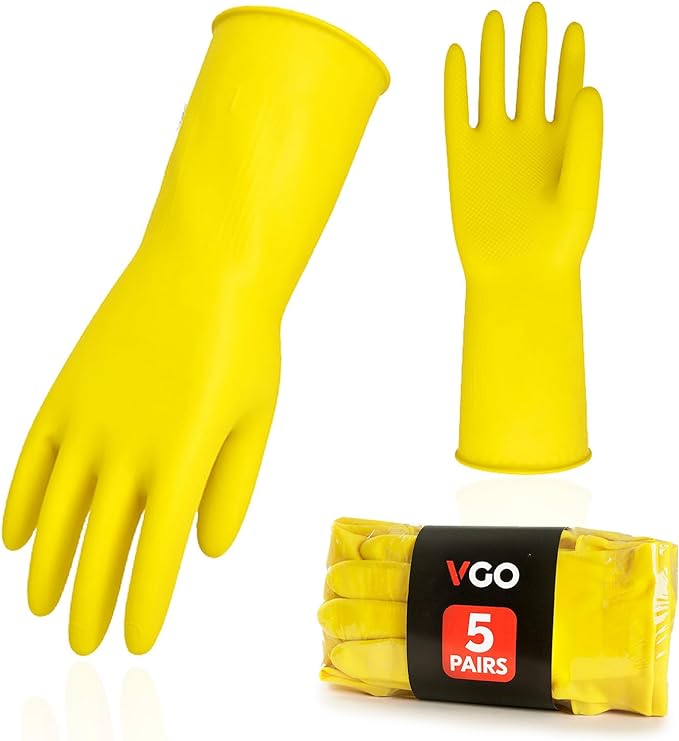 Vgo... 5-Pairs Reusable Household Gloves, Rubber Dishwashing gloves, Extra Thickness, Long Sleeves, Kitchen Cleaning, Working, Painting, Gardening, Pet Care (Size S, Yellow, HH4601)