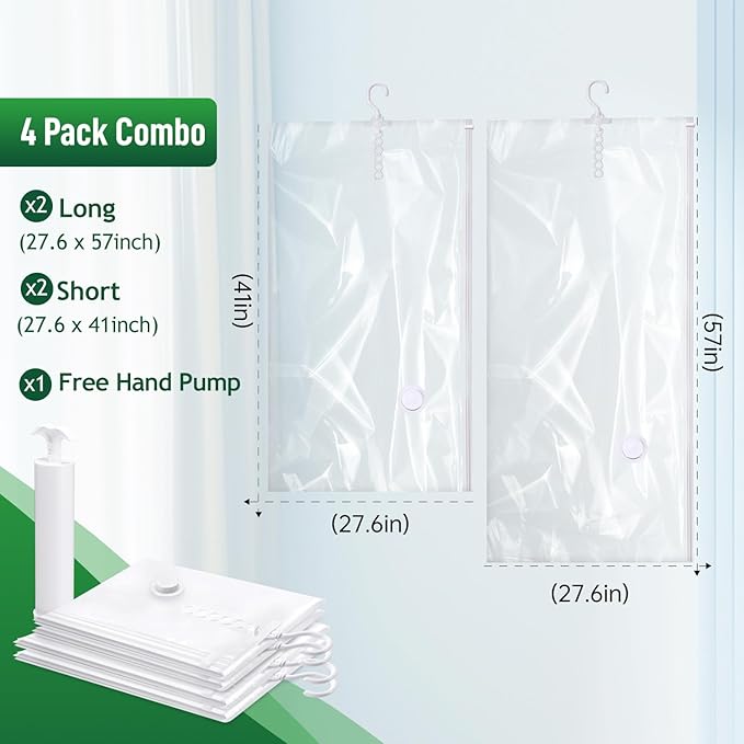 Hanging Vacuum Storage Bags For Clothes With Hand Pump,Coat Storage Bag Hanging,Vacuum Bags For Clothes,Space Saver Vacuum Storage Bags,Garment, Clothing, Dress, Suit, Long Coat, Jacket(Combo 4 Pack）