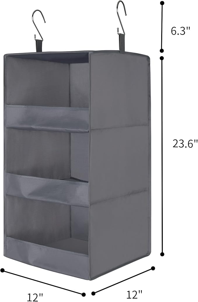 GRANNY SAYS 3-Shelf Closet Organizers and Storage, Foldable Hanging Closet Organizer, Hanging Closet Shelves with 2 Metal Hooks, Leak-Proof Closet Hanging Organizer for Locker & Camper, Gray, 2-Pack