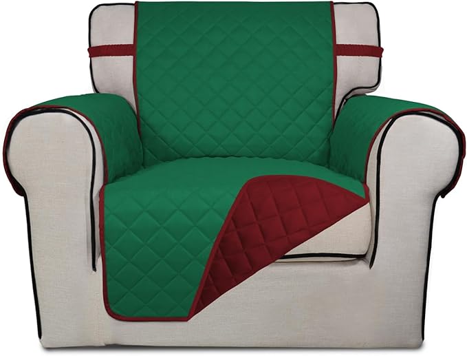 PureFit Reversible Quilted Sofa Cover, Water Resistant Slipcover Furniture Protector, Washable Couch Cover with Non Slip and Elastic Straps for Kids, Dogs, Pets (Chair, Green/Red)