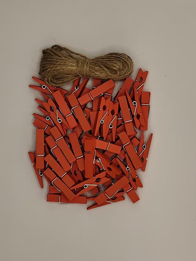 DurReus 50 Pieces DIY Mini Color Wooden Clothespins Home Decoration Hanging Craft Clips Photo Holder Paper Peg Jute Twine Clothing Line Orange