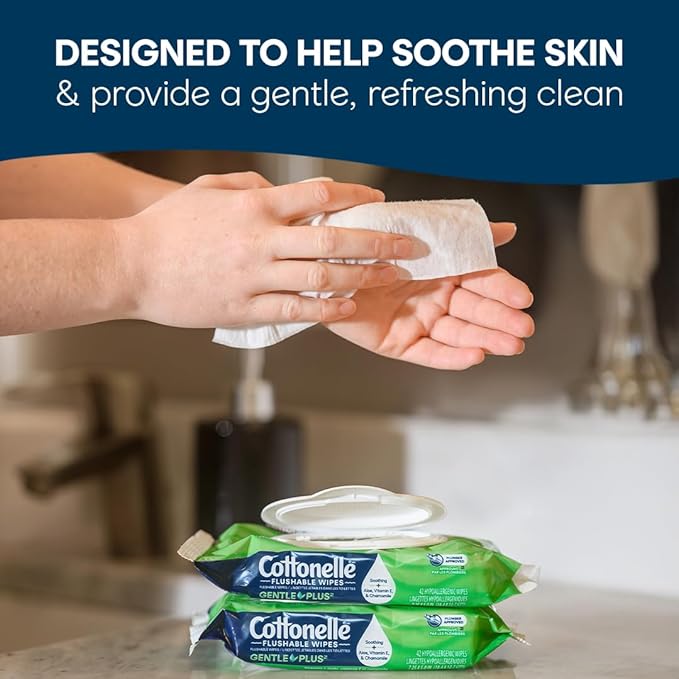 Cottonelle GentlePlus Flushable Wet Wipes with Aloe & Vitamin E, 8 Flip-Top Packs, 42 Wipes Per Pack (336 Total Wipes), Packaging May Vary