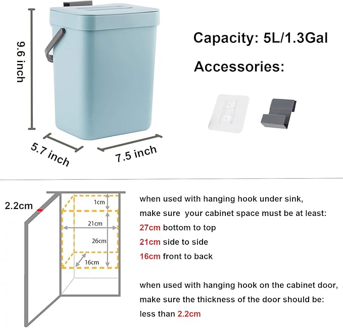 LALASTAR Small Trash Can with Lid, Compost Bin Indoor Kitchen Sealed Under Sink for Kitchen, Food Waste Bin for Countertop, Mountable Garbage Can for Bathroom, RV, 5L/1.3 Gal, Blue