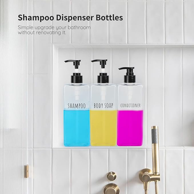 Segbeauty Clear Square Shampoo Bottles, 3pcs 16.9oz Refillable Plastic Lotion Dispenser with Pump, 500ml Empty Reusable Bathroom Shower Bottle Dispense Shampoo Conditioner Body Soap Liquid Gel