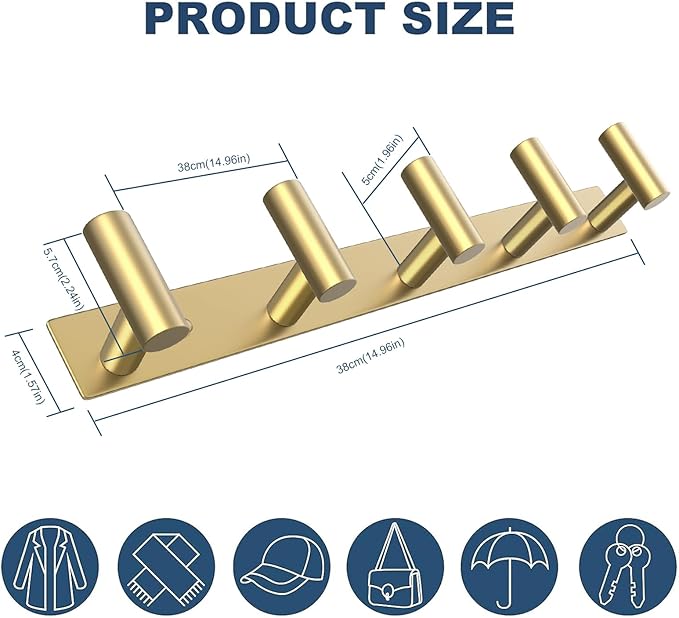 VAEHOLD Hat and Coat Wall Mount Rack - Hooks for Robes, Bags, Keys, and Towels - Bathroom Towel Hanger Organizer (Gold, “T“ Shape 5 Hooks 1 Pack)