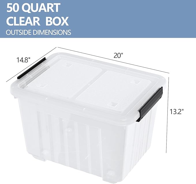 Zopnny 50 Quart 4 Pack Plastic Storage Container with Lid, Wheeled Clear Storage Latch Boxes
