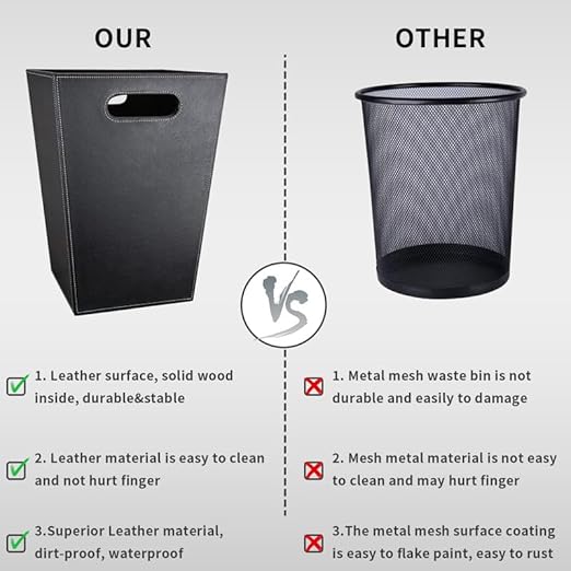 Pu Leather Trash Can for Bedroom, 16L/4.2 Gallon Office Wastebasket with Handles for Near Desk, Black Bathroom Garbage Cans for Home Decorative, Square Waste Basket Bin for Dorm Easy to Clean