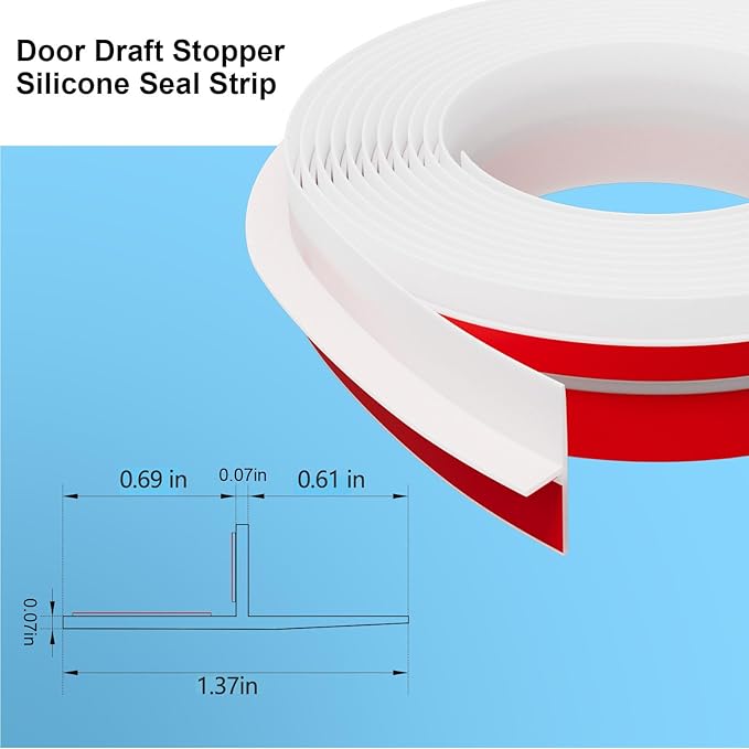 T-Shaped Door Draft Stopper, 1.37 in x 40 Ft Silicone Seal Strip for Windows Gaps, Weather Stripping Seal Strip Shower Sweep, White