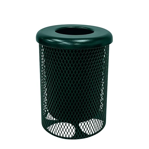 Coated Outdoor Furniture 32-Gallon Heavy-Duty Expanded Metal Round Trash Receptacle, Commercial Outdoor Waste Bin with Liner & Black Flat Top Lid – Made in America (Textured Dark Green)