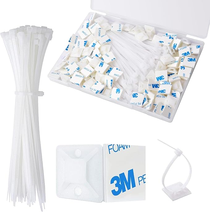 Strong Back-Glue Self Adhesive Cable Zip Tie Mounts Kit - 50 Set Cable Management Clips with 6" Zip Ties, Wire Holders - Outdoor Sticky Wire Organizer Clips-White
