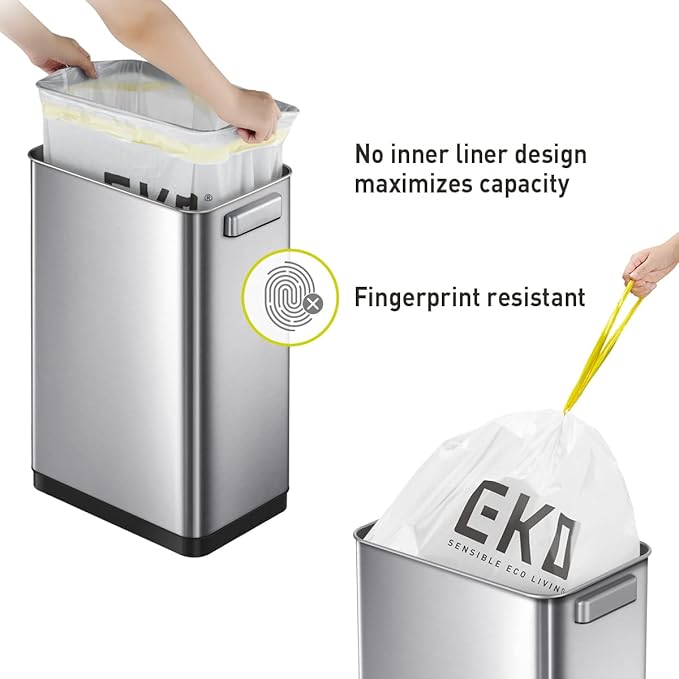 EKO Deluxe Mirage-T 50 Liter / 13.2 Gallon Touchless Rectangular Motion Sensor Trash Can, Matte Stainless Steel Finish
