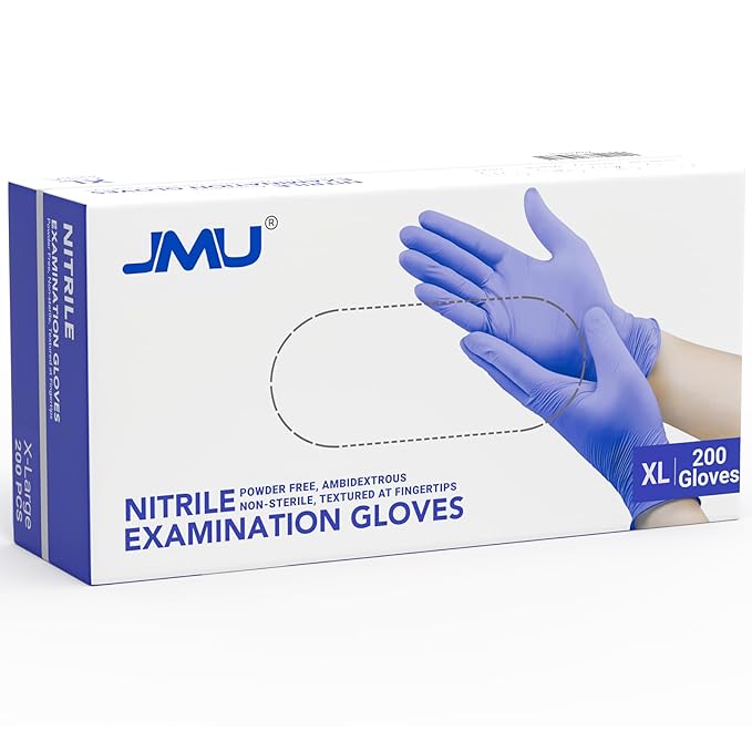 JMU Nitrile Exam Gloves, 200 Count, X-Large, Powder Free, Latex Free Disposable Gloves for Medical Tasks and Household Cleaning