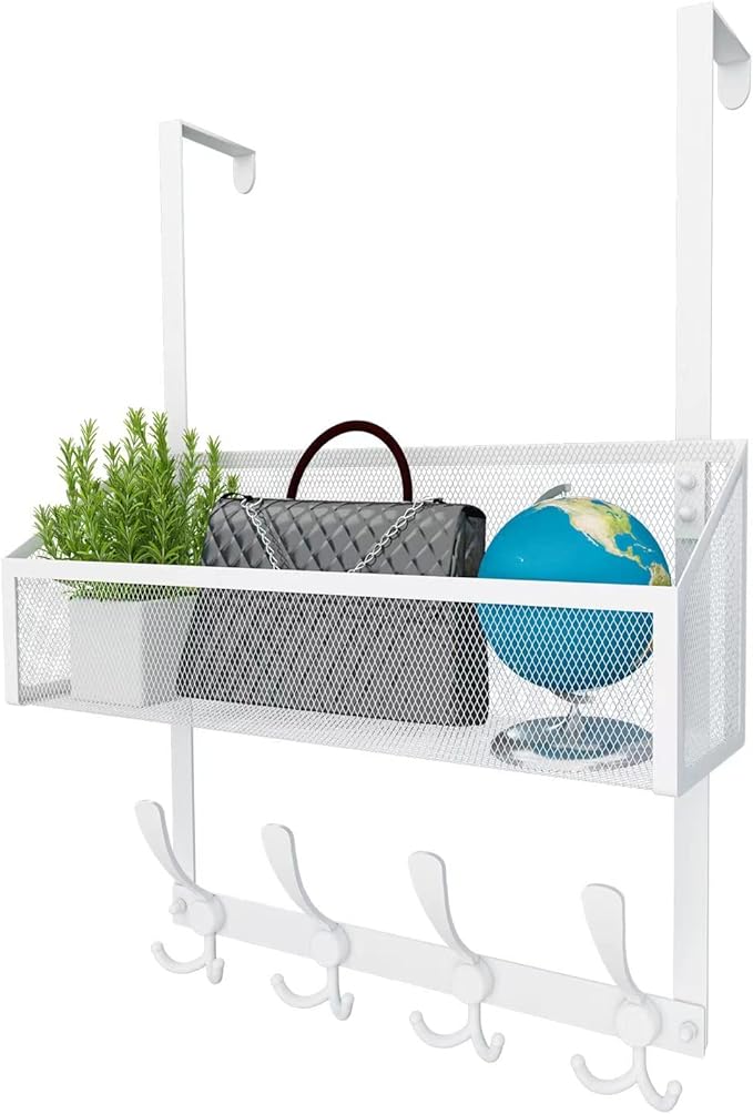 Over The Door Hooks Organizer, Coat Rack Over The Door Storage Hanger Towel Rack, Back of Door Storage Organizer for Bathroom,Bedroom,Kitchen,Office (White 2-Tier)
