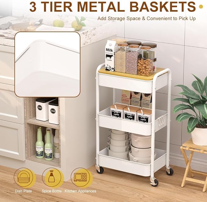 3 Tier Metal Utility Cart, Rolling Storage Cart with Wooden Tabletop, Metal Organizer Cart with Lockable Wheels for Office, Bedroom, Kitchen and Living Room (White)