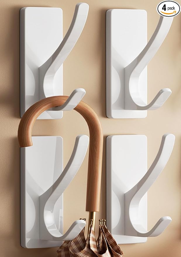 White Self Adhesive Coat Hooks for Hanging, Heavy Duty Stainless Double Wall Hook for Towel, Backpack, Hat, Sturdy Metal Hanger for Bathroom, Bedroom, Door, Wall Mounted, 4-Pack