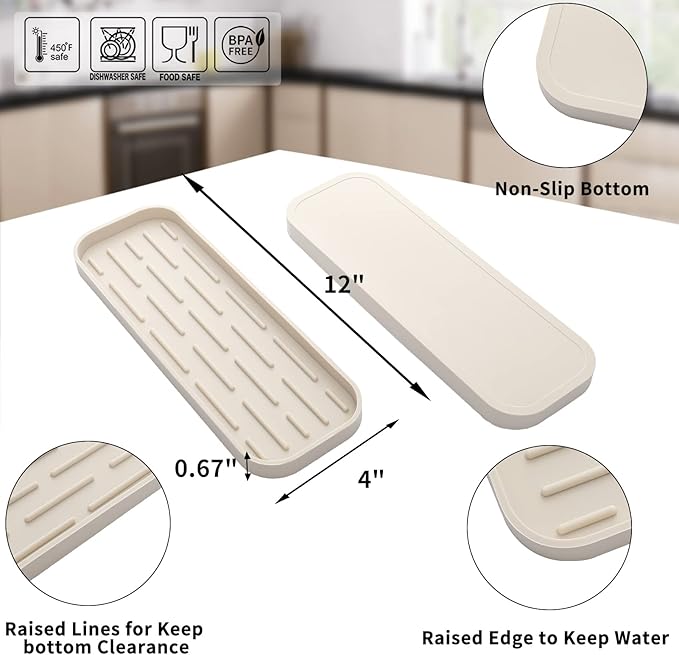Silicone Kitchen Sink Organizer Tray for Multiple Usage,Eco-Friendly Sponges Holder for Kitchen Bathroom Counter or Sink,Dish Soap Dispenser,Scrubber,Bottle,Cup (Tapioca, 12"×4")