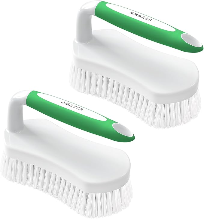 Amazer Scrub Brush for Cleaning Comfort Grip Shower Scrubber Stiff Bristles with Handle Heavy Duty Cleaner Brush for Tub Sink Carpet Floor - Pack of 2 (Green+Green)