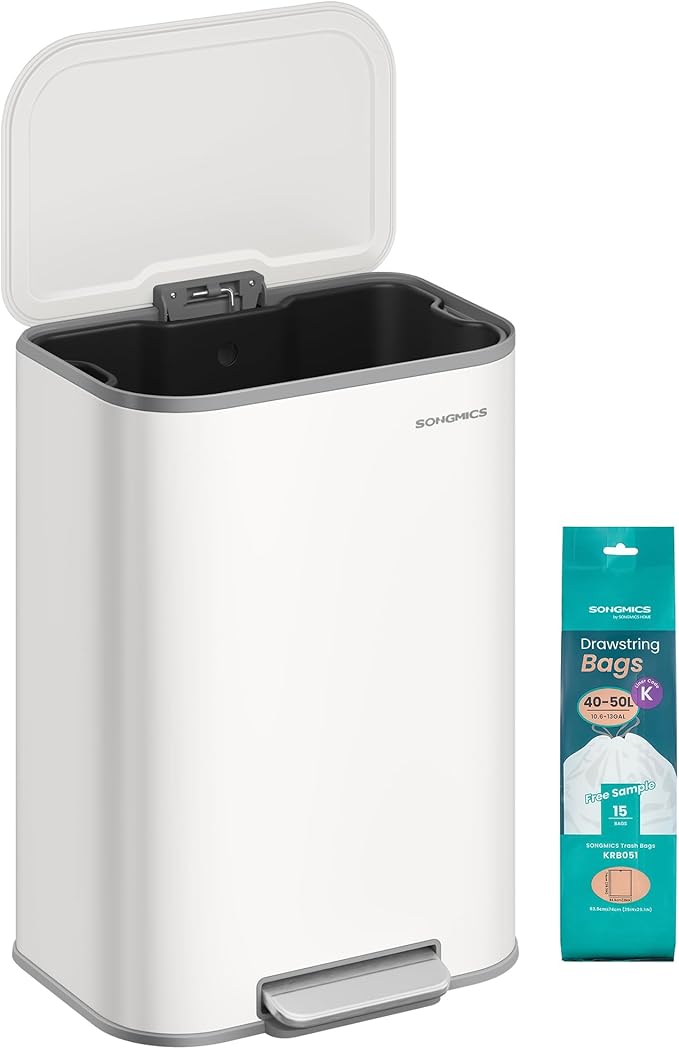 SONGMICS Kitchen Trash Can, 13-Gallon (50 L) Garbage Can with Lid, Stainless Steel, Soft Close and Stays Open, Inner Bucket, Wide Non-Slip Pedal, Cloud White ULTB547W01